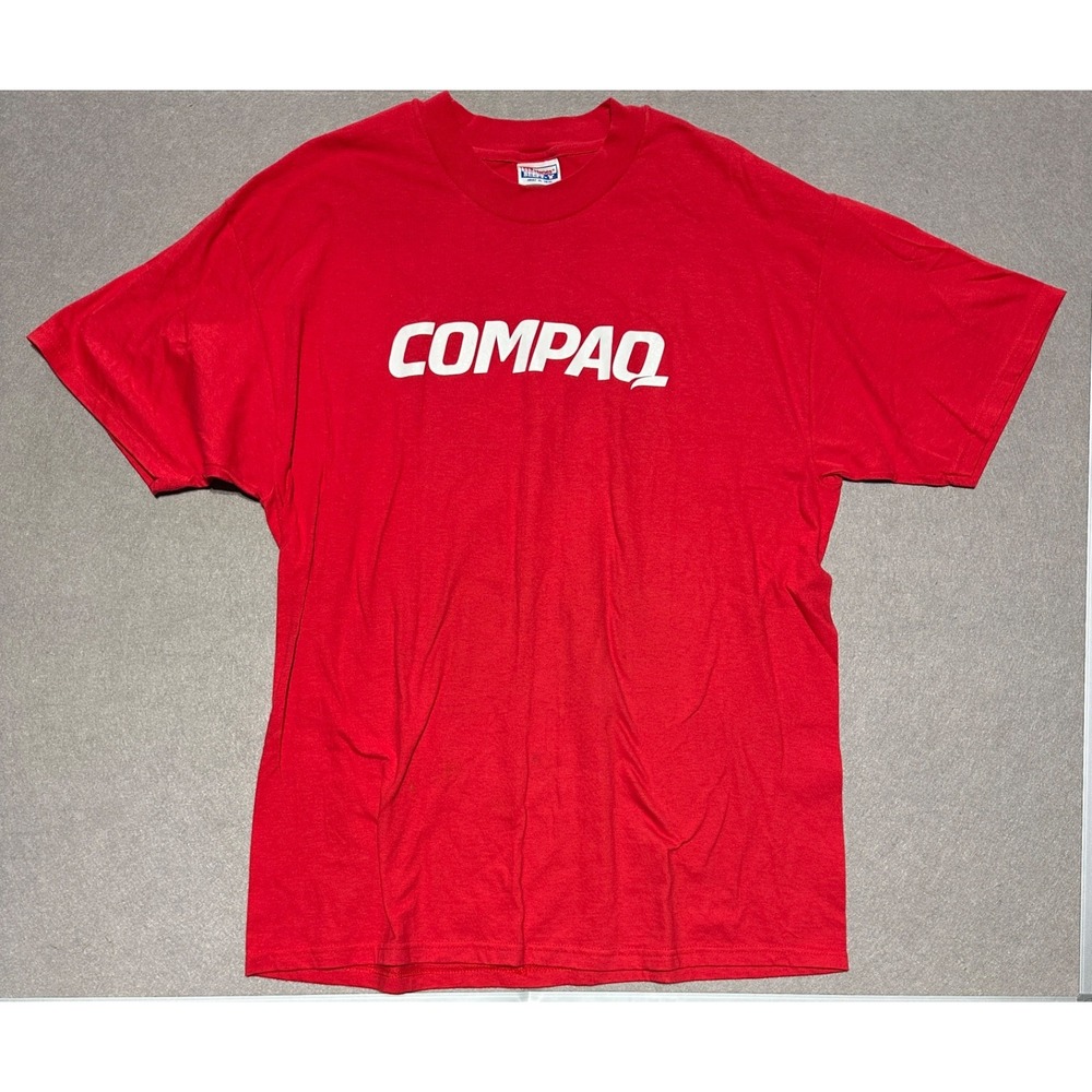 Vintage Compaq Logo T-Shirt Red Hanes Beefy-T XL 46-48 Retro Tech Computer Tee
